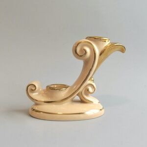 Vintage Abingdon USA Gold Peach Pink Sherbet Fancy Double Candle Stick Holder